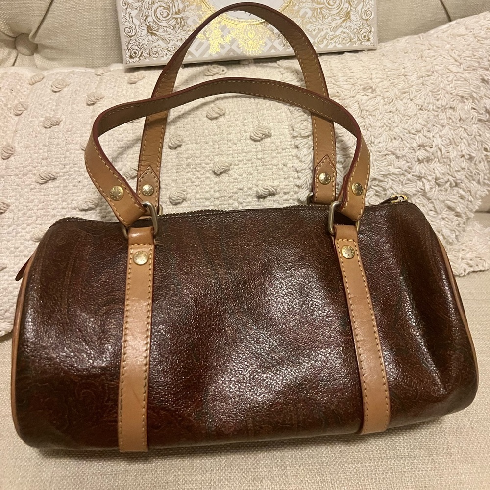 Etro Dark Brown Leather with Paisley Print Shoulder Bag